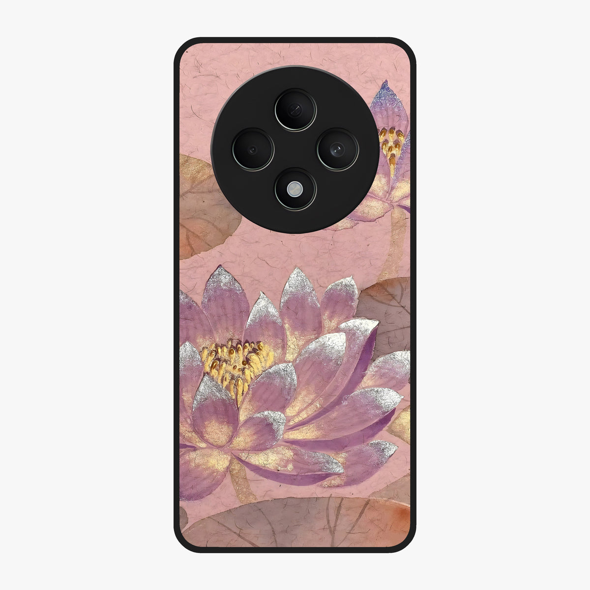 Blossom Mist Lotus Glass Case showing flat back view with serene lotus blossom artwork and glossy glass finish.