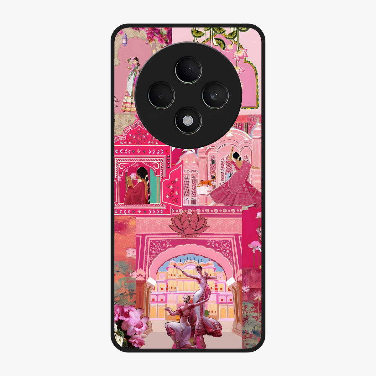 Blossoms of Rajasthan Glass Case showing flat back view with traditional floral artwork inspired by Rajasthan and glossy glass finish.
