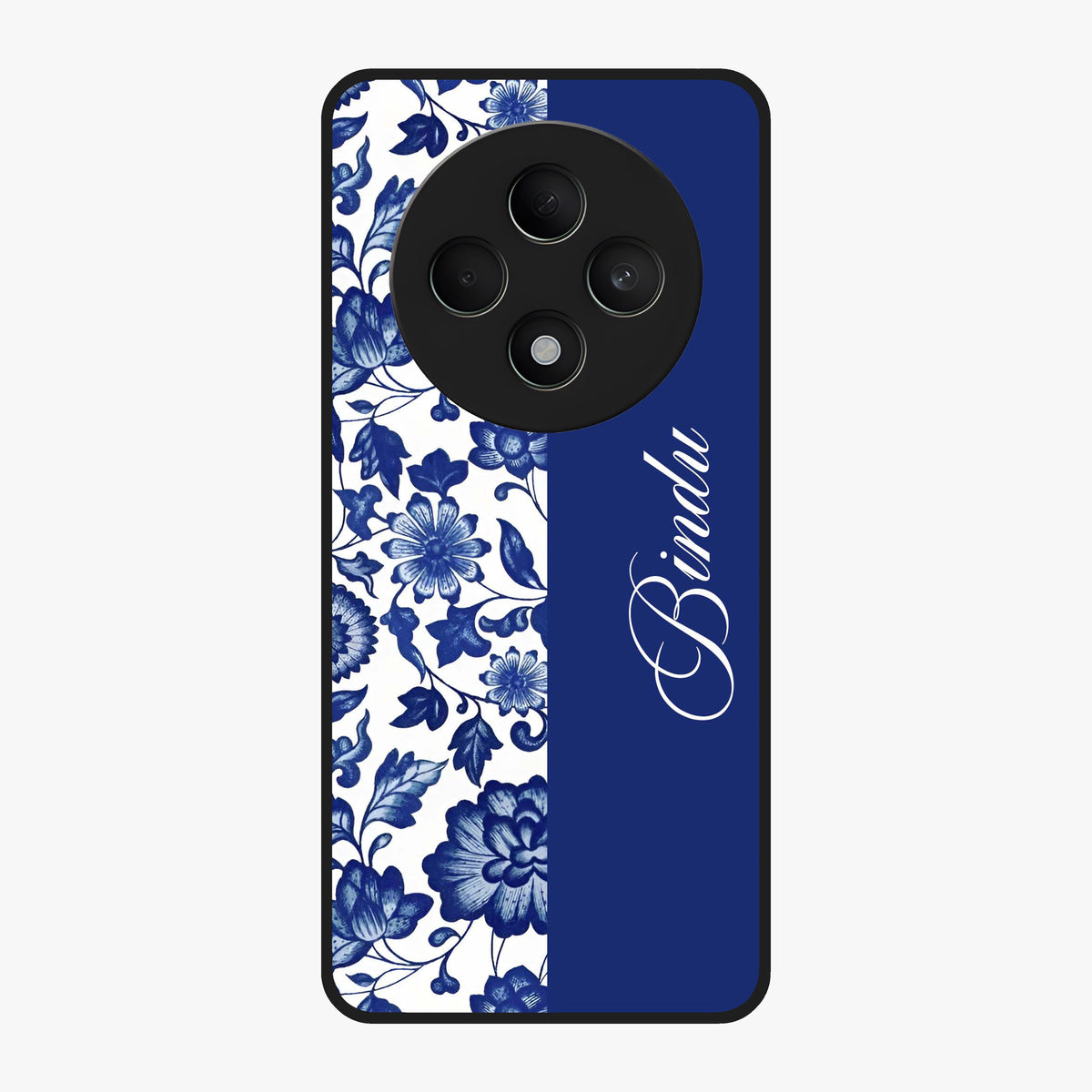 Blue Vintage Floral Pattern Glass Case upright view showcasing timeless floral illustration with vintage inspired style.