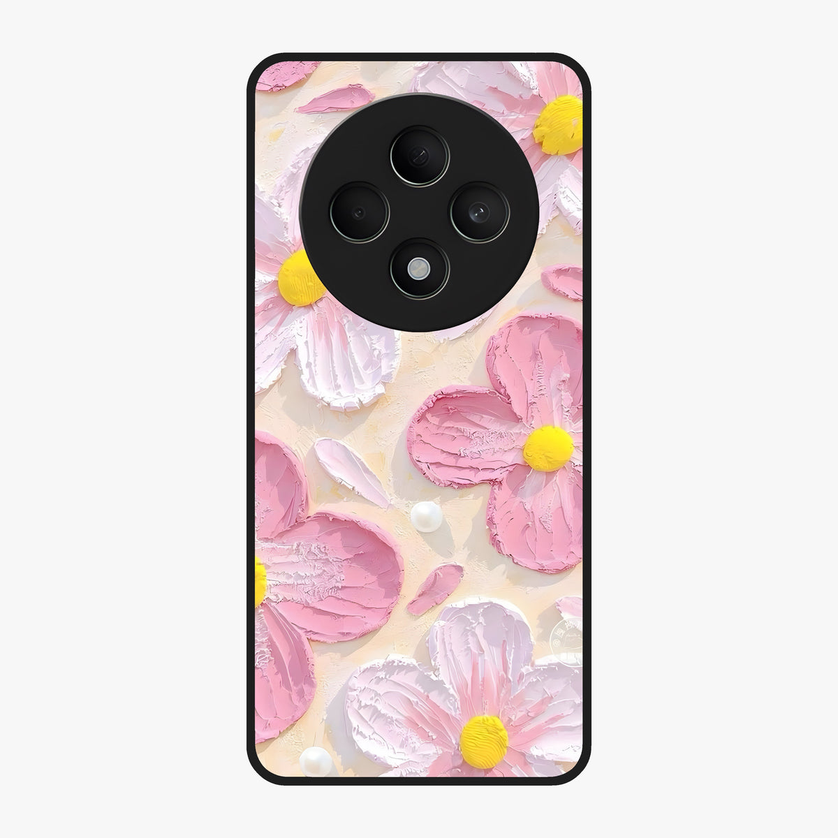 Blush Bloom Texture Glass Case showing flat back view with soft blush floral texture artwork and glossy glass finish.
