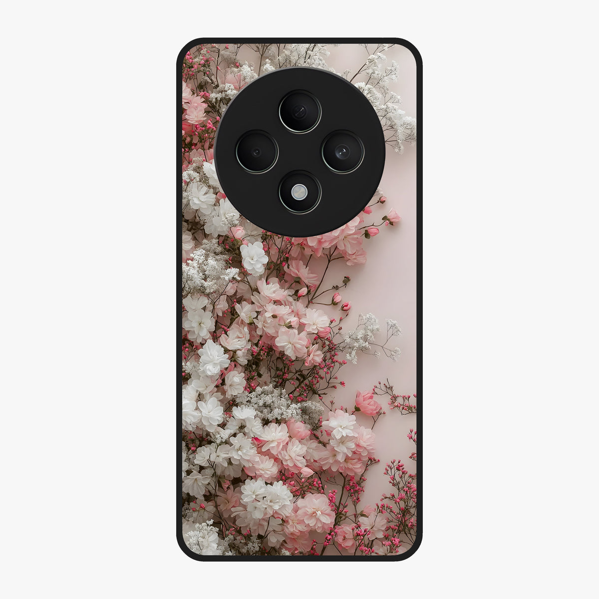 Blush Blossom Cloud Glass Case showing flat back view with dreamy blush cloud blossom artwork and glossy glass finish.
