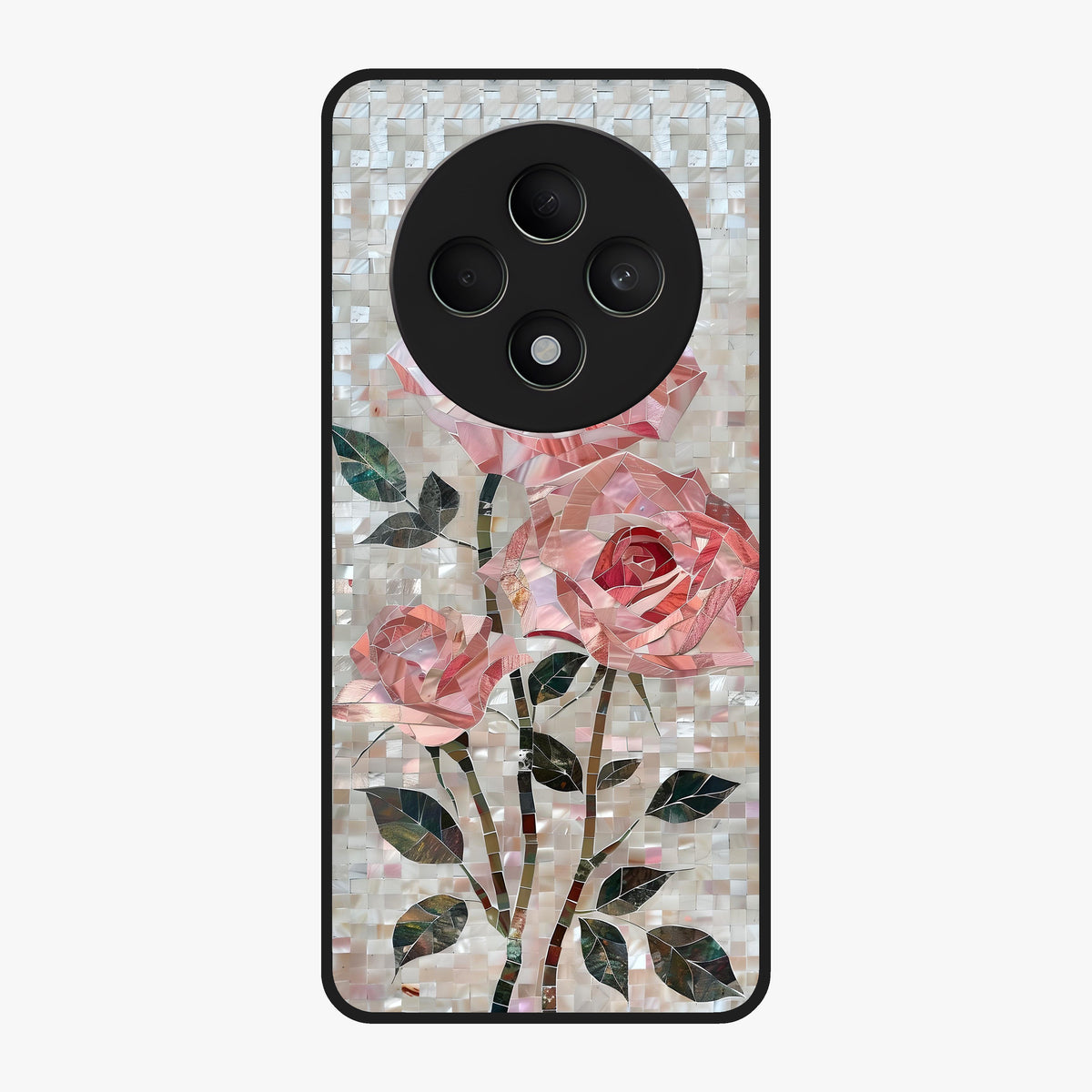 Blush Mosaic Bloom Glass Case showing flat back view with mosaic floral bloom artwork and glossy glass finish.