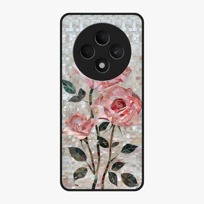 Blush Mosaic Bloom Glass Case showing flat back view with mosaic floral bloom artwork and glossy glass finish.