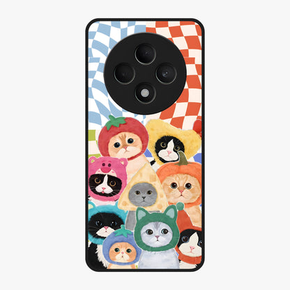 Cats in Fruits Glass Case showing flat back view with playful cat illustrations inside fruit artwork and glossy glass finish.