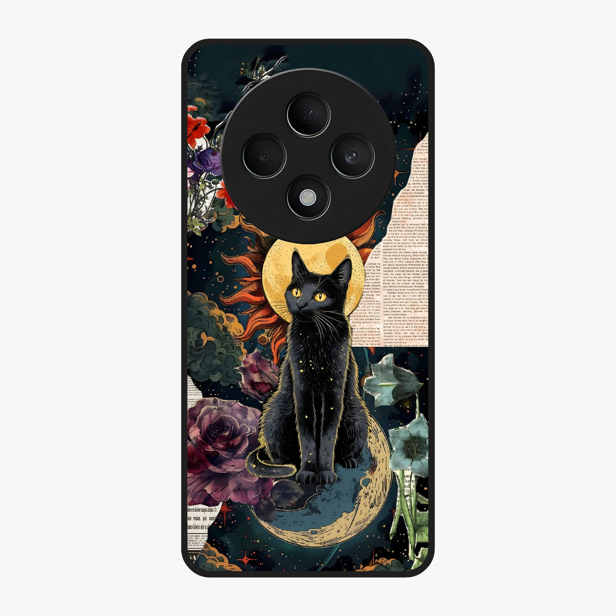 Celestial Black Cat Glass Case showing flat back view with mystical black cat artwork and glossy glass finish.