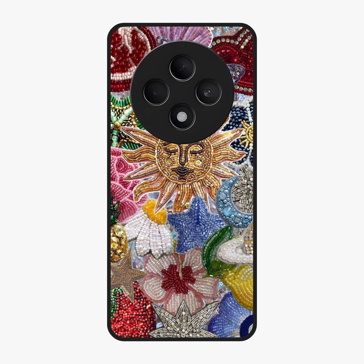 Celestial Floral and Playful Glass Case showing flat back view with floral and celestial themed artwork and glossy glass finish.