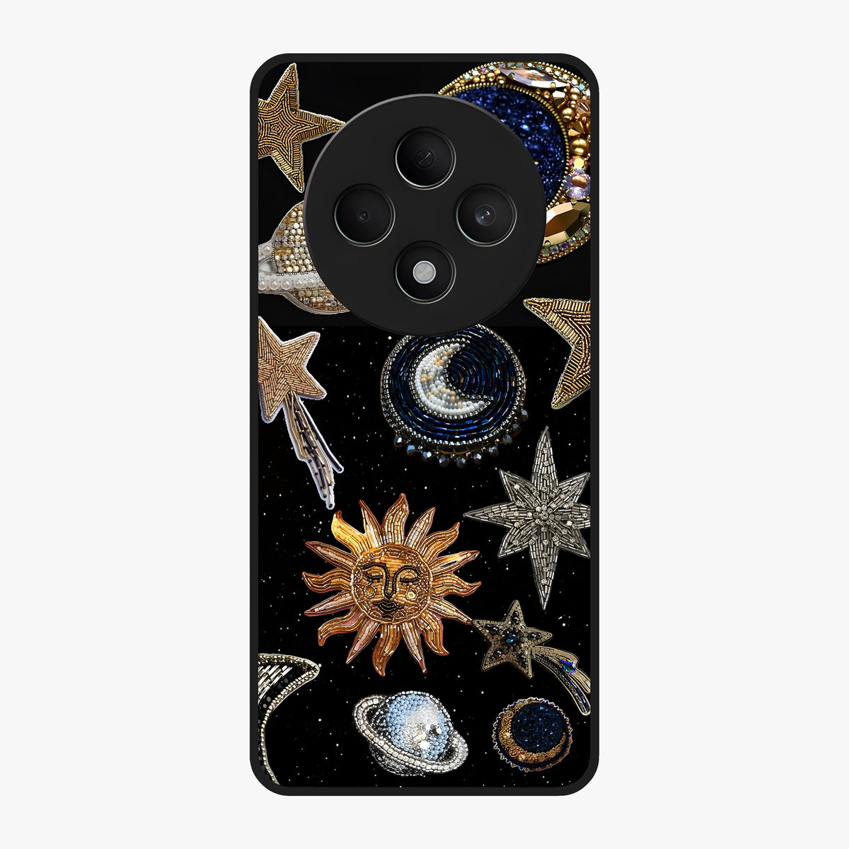 Celestial Gem Constellations Glass Case showing flat back view with sparkling constellation artwork and glossy glass finish.