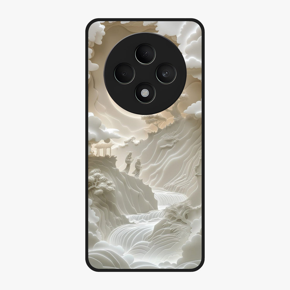Celestial Origami Glass Case showing flat back view with artistic origami inspired celestial artwork and glossy glass finish.