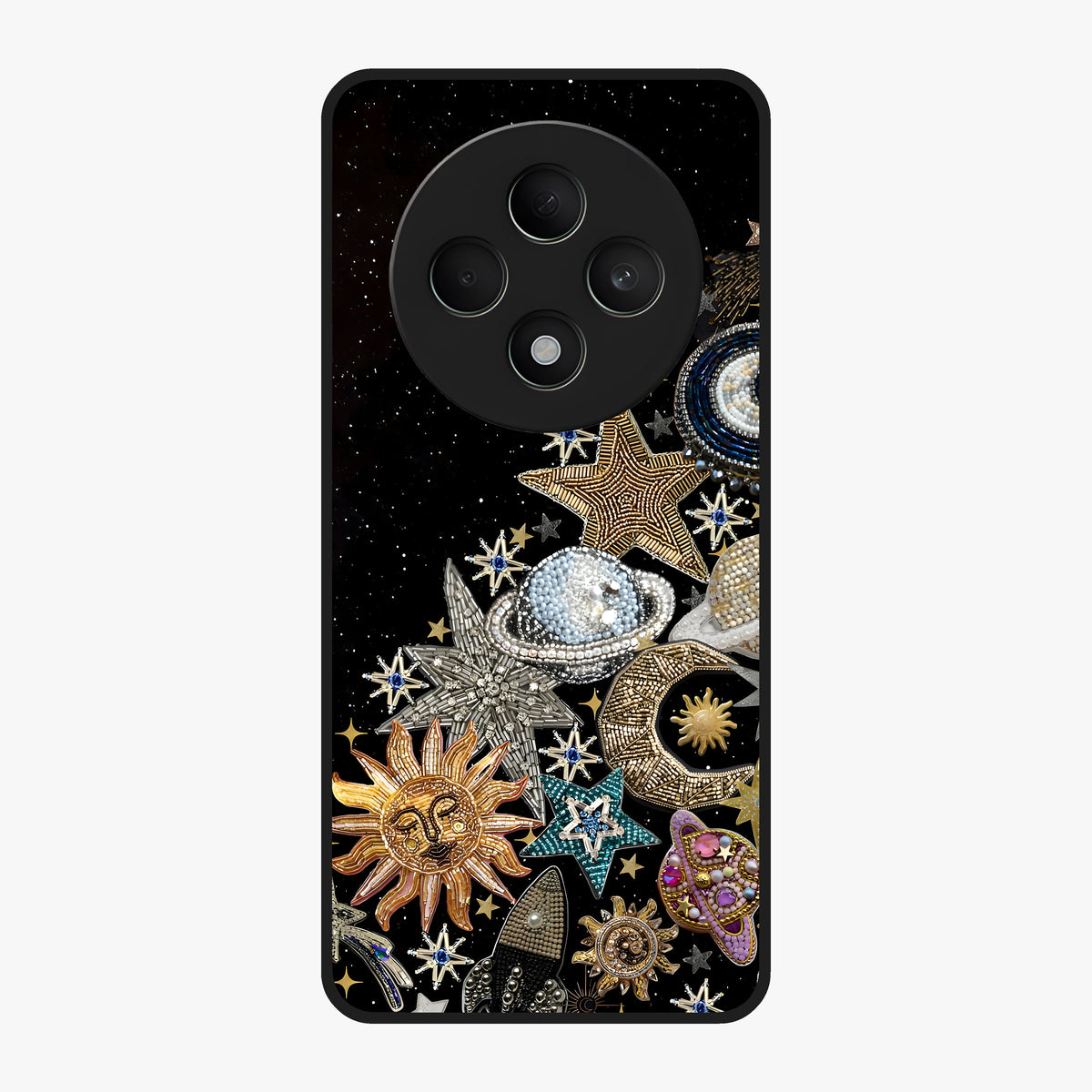 Cosmic Sparkle Dreams Glass Case showing flat back view with sparkling cosmic artwork and glossy glass finish.