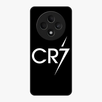 Cr7 Elite Strike Glass Case showing flat back view with dynamic football inspired artwork and glossy glass finish.