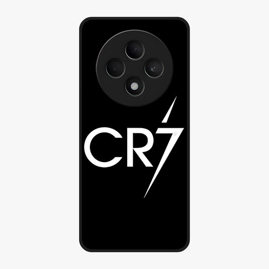 Cr7 Elite Strike Glass Case showing flat back view with dynamic football inspired artwork and glossy glass finish.