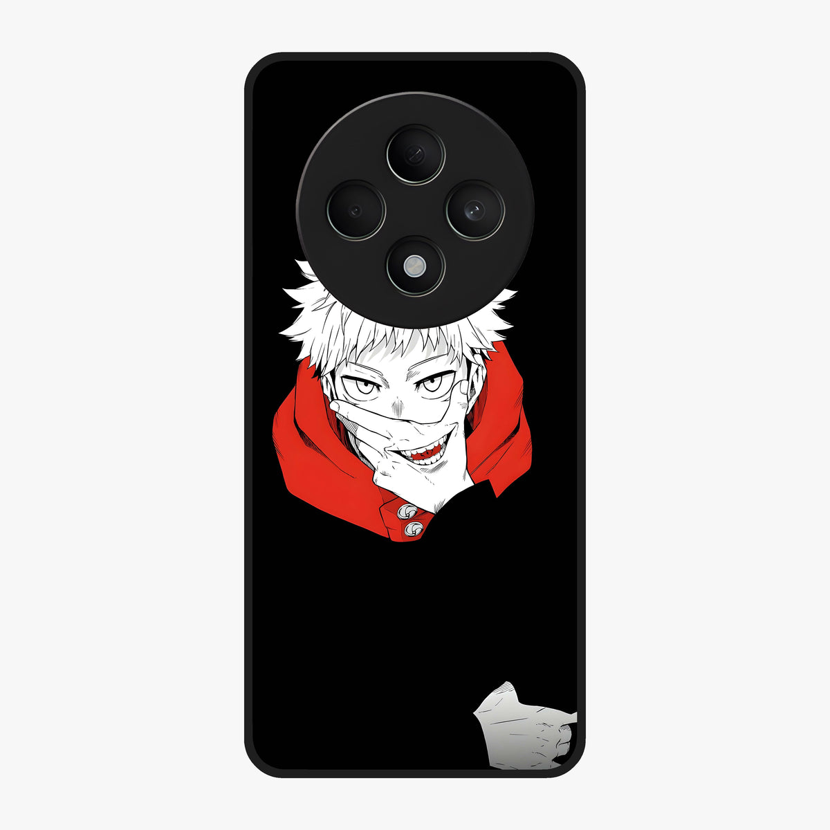 Crimson Chaos Smile Glass Case showing flat back view with bold chaotic smile artwork and glossy glass finish.
