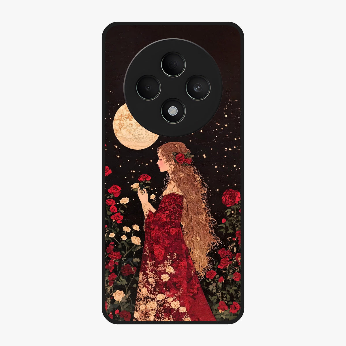 Crimson Dreams Glass Case showing flat back view with dreamy crimson artwork and glossy glass finish.