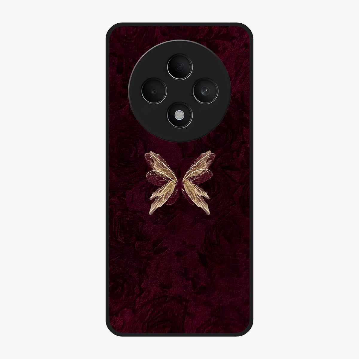 Crimson Fade Butterfly Glass Case showing flat back view with fading butterfly artwork and glossy glass finish.