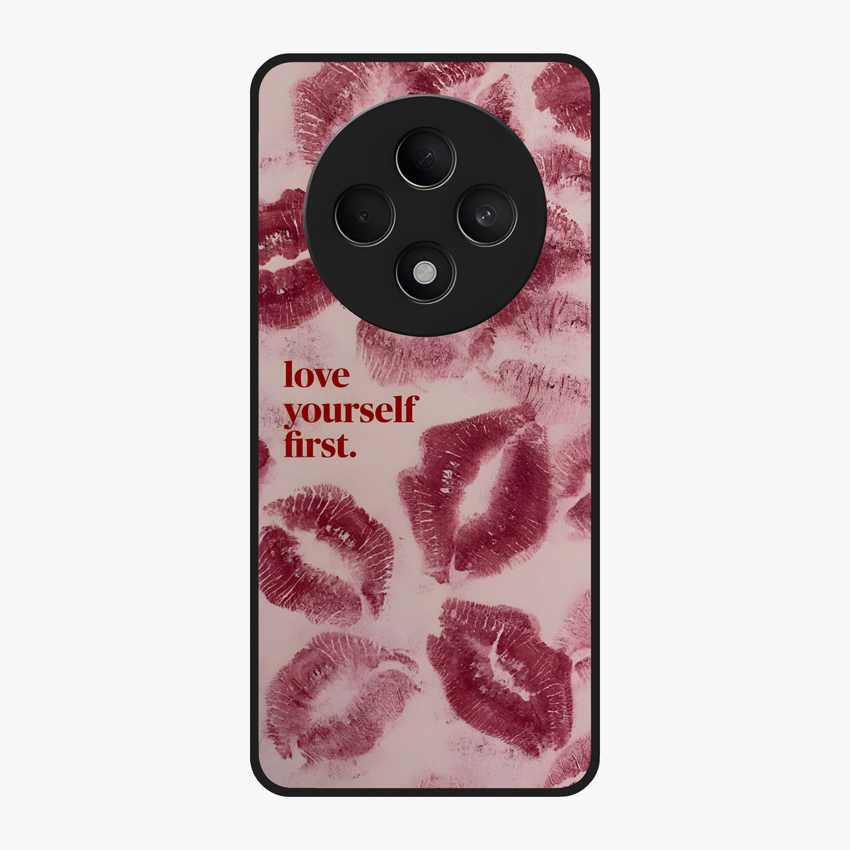 Crimson Kiss Love Glass Case showing flat back view with romantic crimson themed artwork and glossy glass finish.