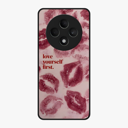 Crimson Kiss Love Glass Case showing flat back view with romantic crimson themed artwork and glossy glass finish.
