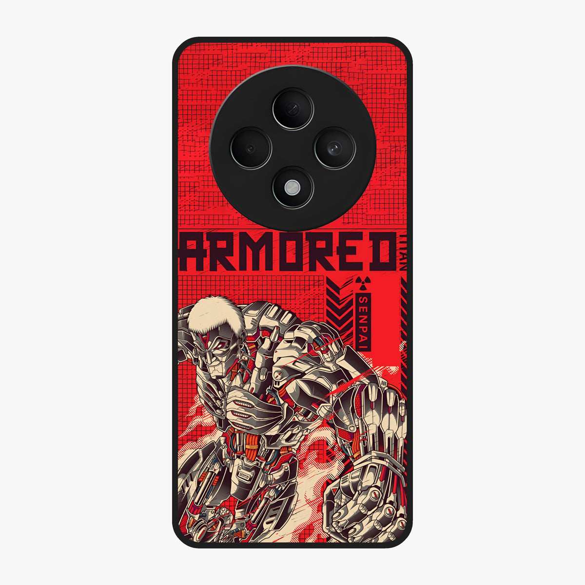 Crimson Mecha Titan Glass Case showing flat back view with powerful mech titan artwork and glossy glass finish.