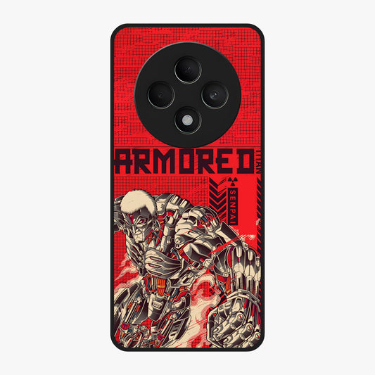 Crimson Mecha Titan Glass Case showing flat back view with powerful mech titan artwork and glossy glass finish.