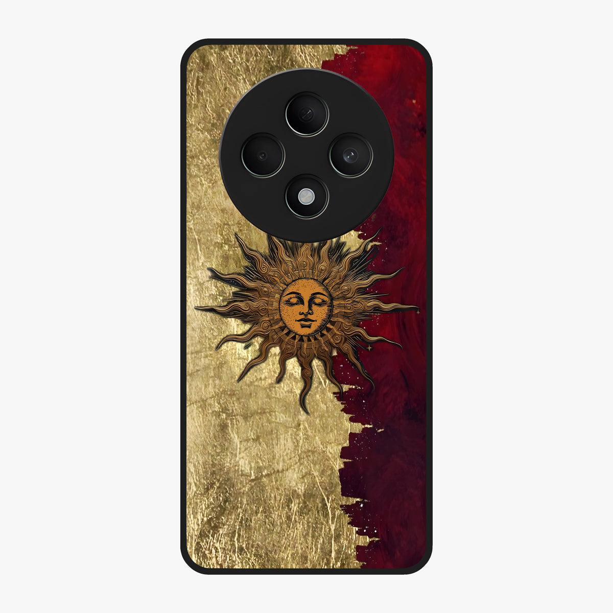 Crimson Sun Majesty Glass Case showing flat back view with radiant sun inspired artwork and glossy glass finish.