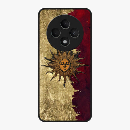 Crimson Sun Majesty Glass Case showing flat back view with radiant sun inspired artwork and glossy glass finish.