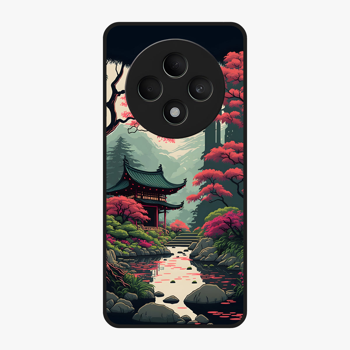 Crimson Temple View Glass Case showing flat back view with temple inspired artwork and glossy glass finish.