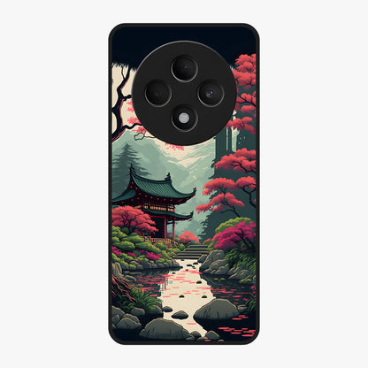 Crimson Temple View Glass Case showing flat back view with temple inspired artwork and glossy glass finish.