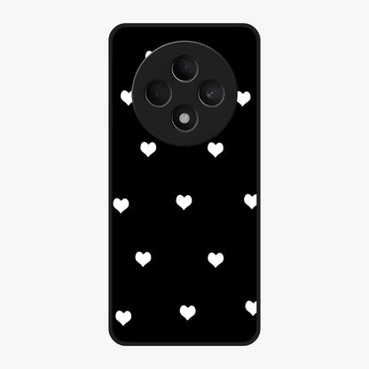 Cute And Simple White Hearts Glass Case showing flat back view with minimal white heart pattern and glossy glass finish.
