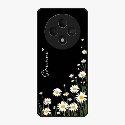 Daisy Cascade Custom Name Glass Case showing flat back view with cascading daisy flowers and personalized name design.