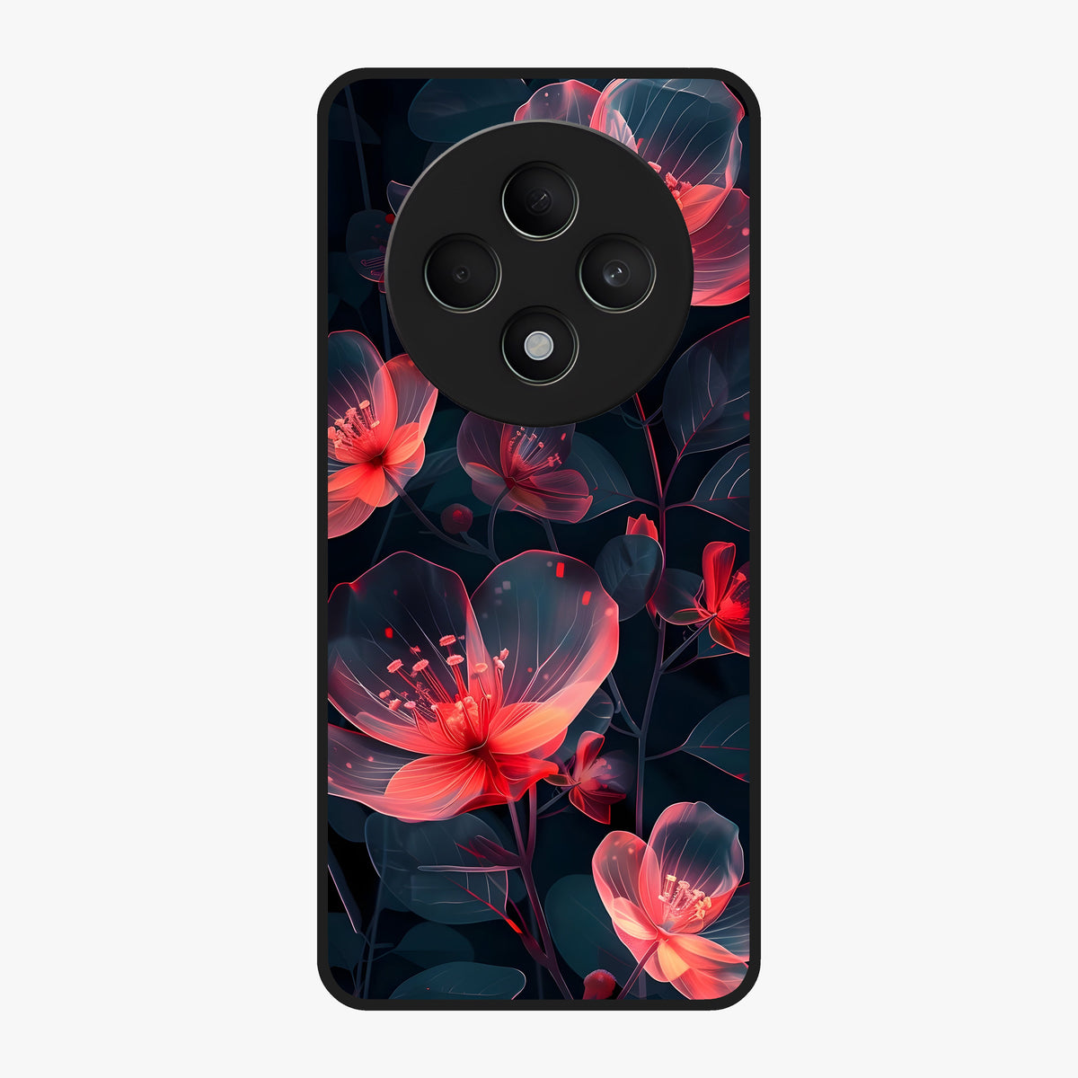 Dark Shade of Flower Glass Case showing flat back view with elegant dark floral artwork and glossy glass finish.