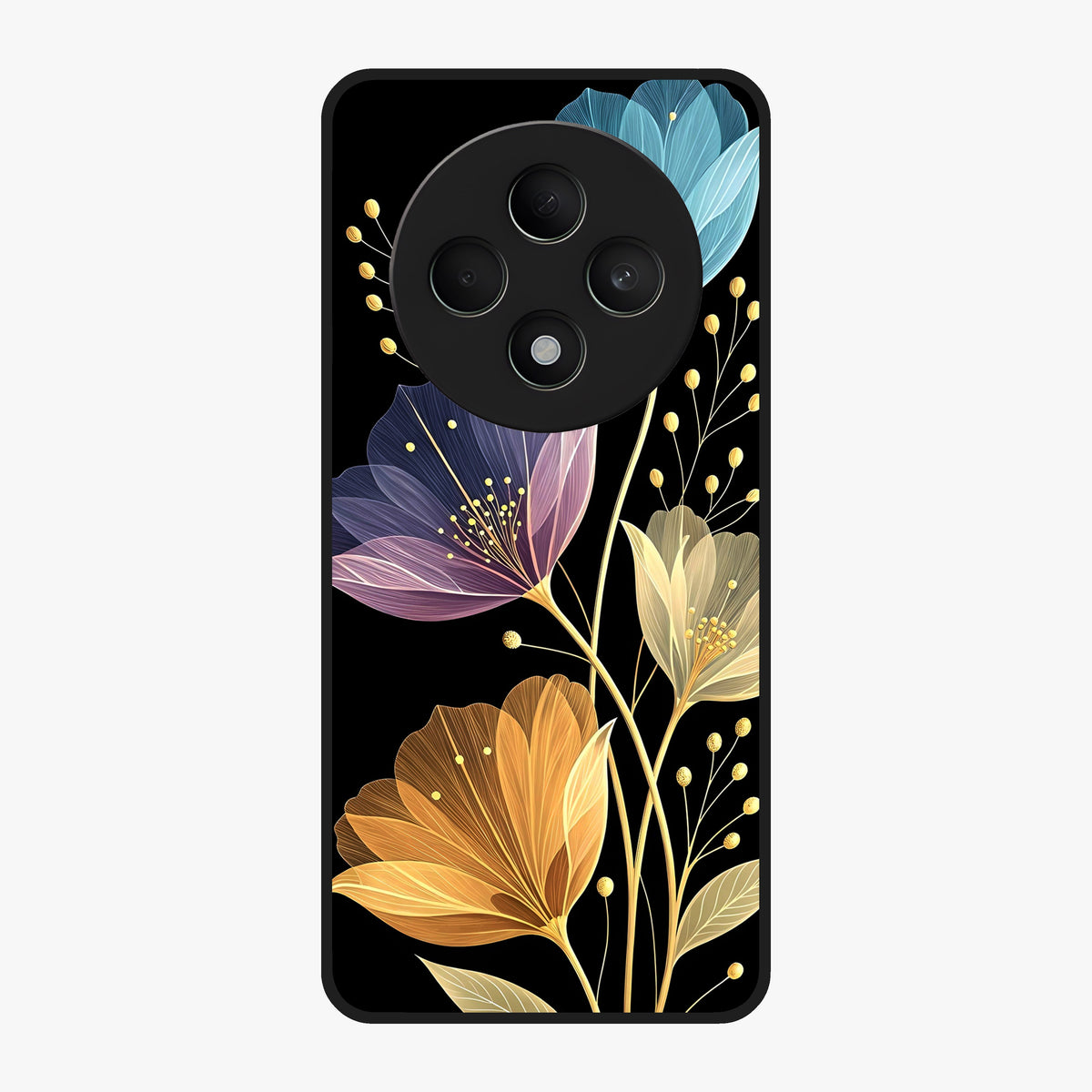 Delicate Multicolor Flowers Glass Case showing flat back view with vibrant floral artwork and glossy glass finish.