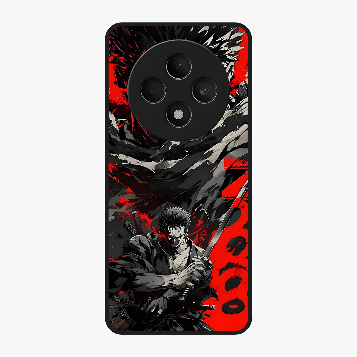 Demon Sword Resolve Glass Case showing flat back view with fierce sword warrior artwork and glossy glass finish.