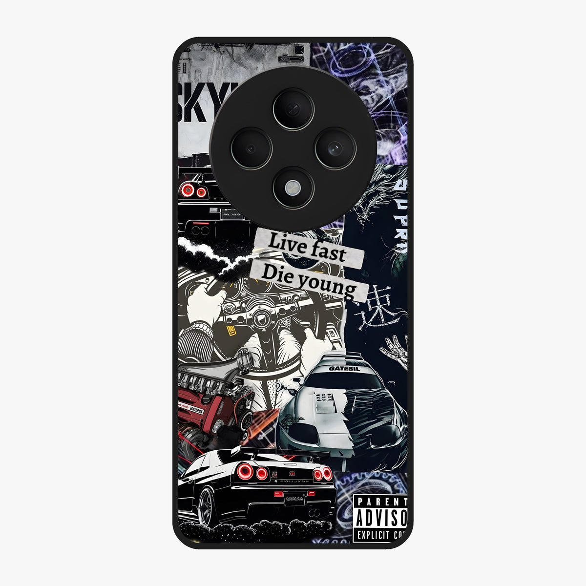 Die Young Glass Case showing flat back view with bold artistic typography design and glossy glass finish.