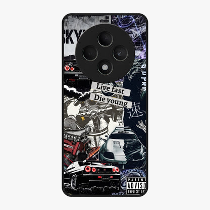 Die Young Glass Case showing flat back view with bold artistic typography design and glossy glass finish.