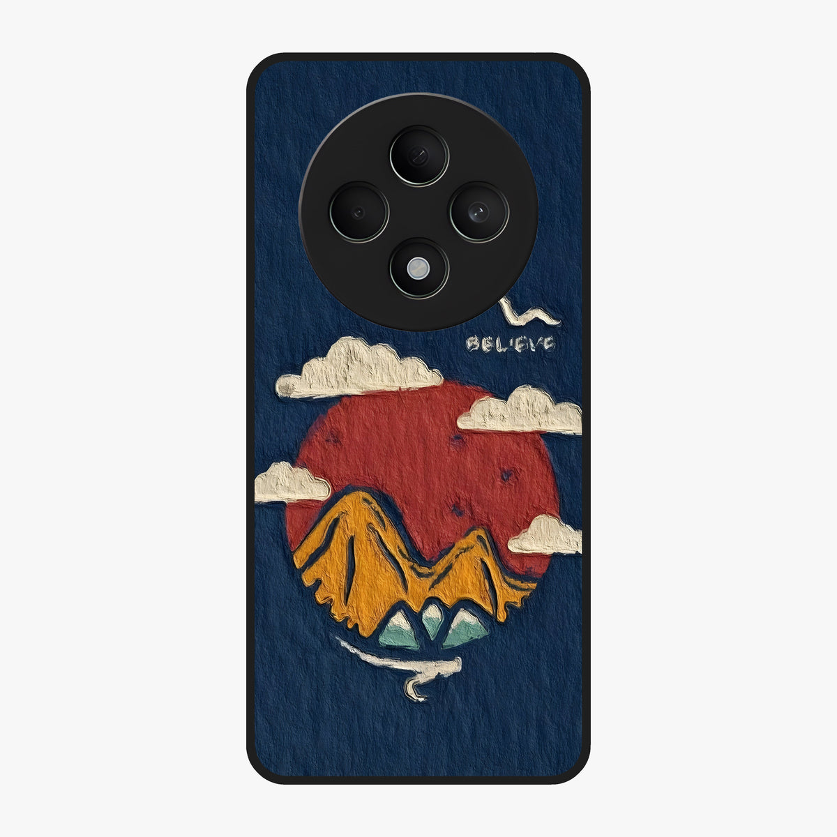 Dream Beyond Mountains Glass Case showing flat back view with scenic mountain landscape artwork and glossy glass finish.