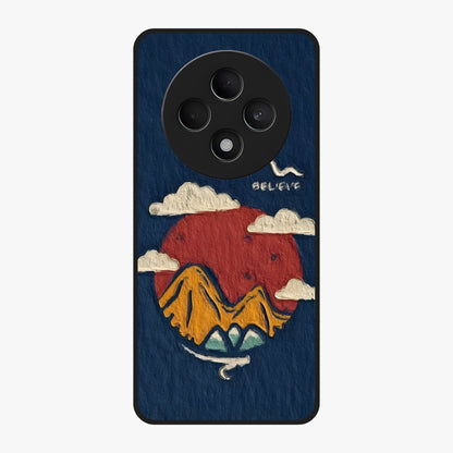 Dream Beyond Mountains Glass Case showing flat back view with scenic mountain landscape artwork and glossy glass finish.
