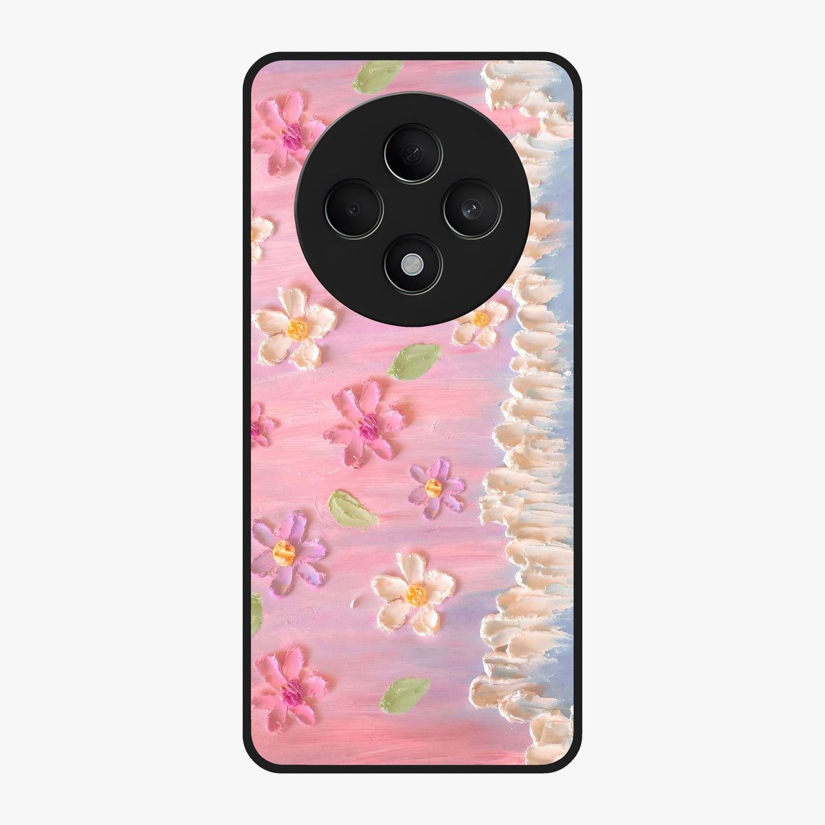 Dreamy Painted Garden Glass Case showing flat back view with artistic painted floral garden artwork and glossy glass finish.