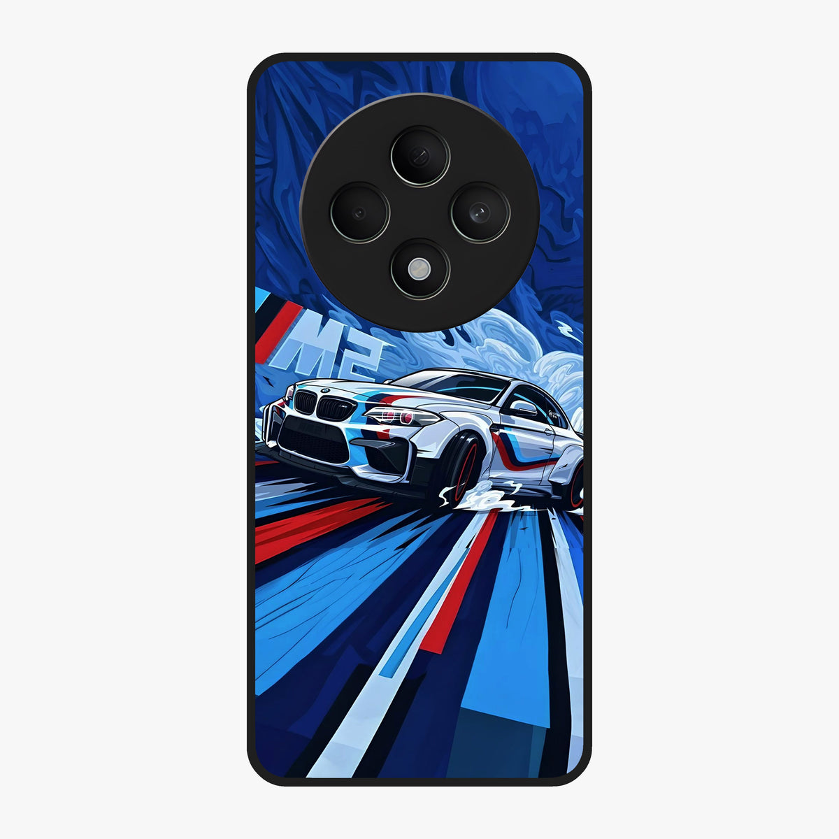 Drift Power Rush Glass Case showing flat back view with dynamic racing inspired artwork and glossy glass finish.