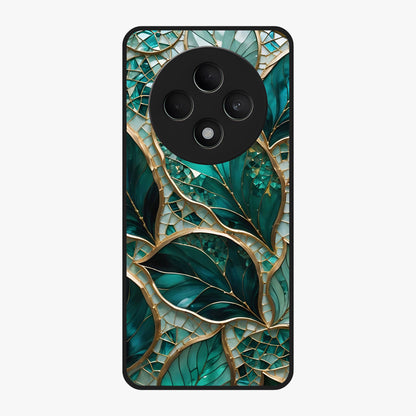 Emerald Leaf Glass Glass Case showing flat back view with emerald green leaf artwork and glossy glass finish.