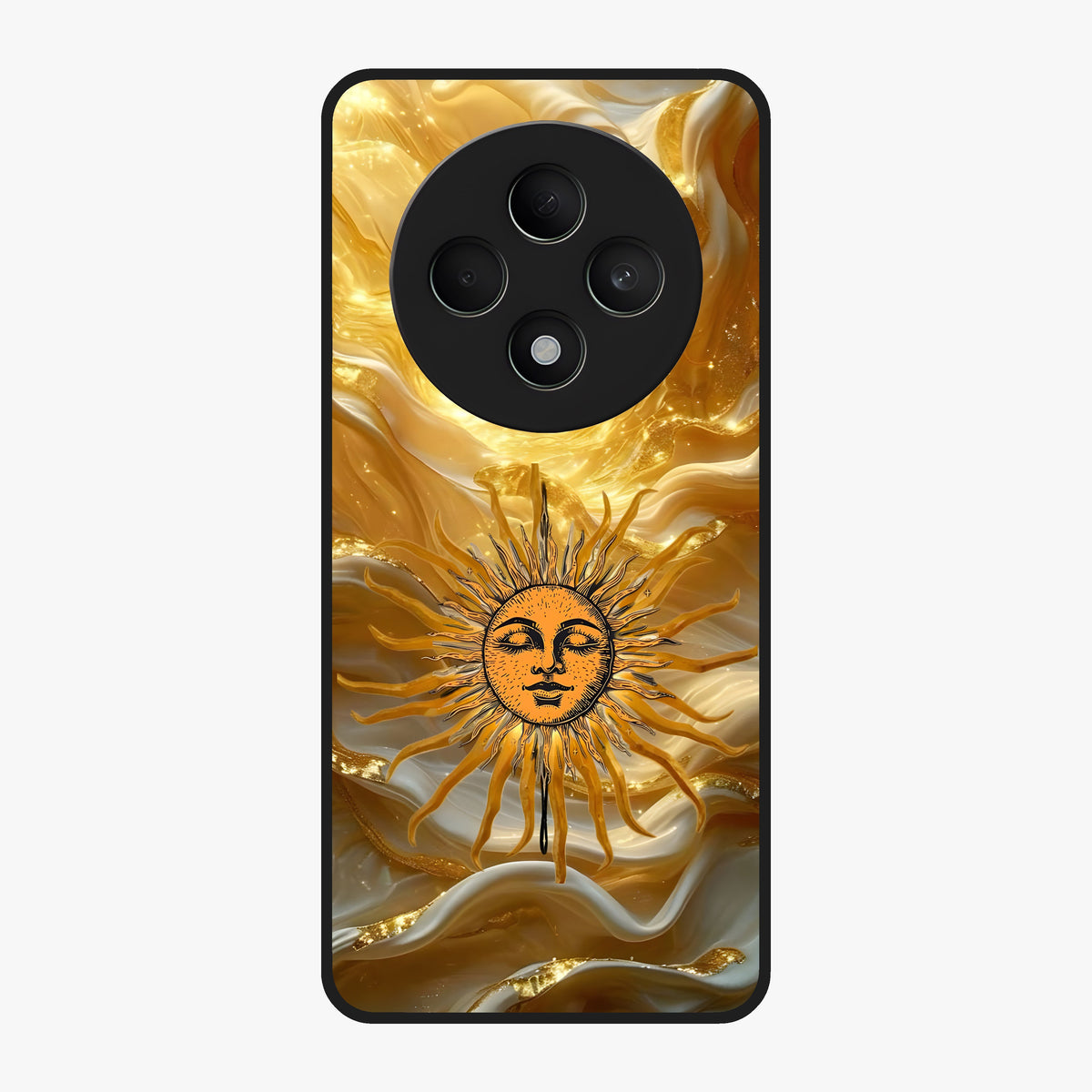 Eternal Golden Glow Glass Case showing flat back view with radiant golden themed artwork and glossy glass finish.