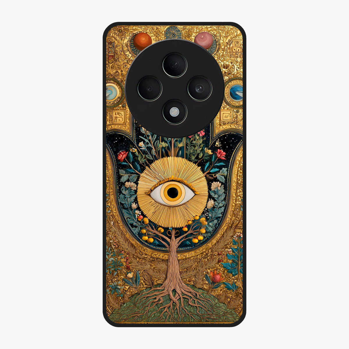Ethereal Evil Eye Glass Case showing flat back view with mystical evil eye artwork and glossy glass finish.