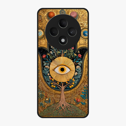 Ethereal Evil Eye Glass Case showing flat back view with mystical evil eye artwork and glossy glass finish.
