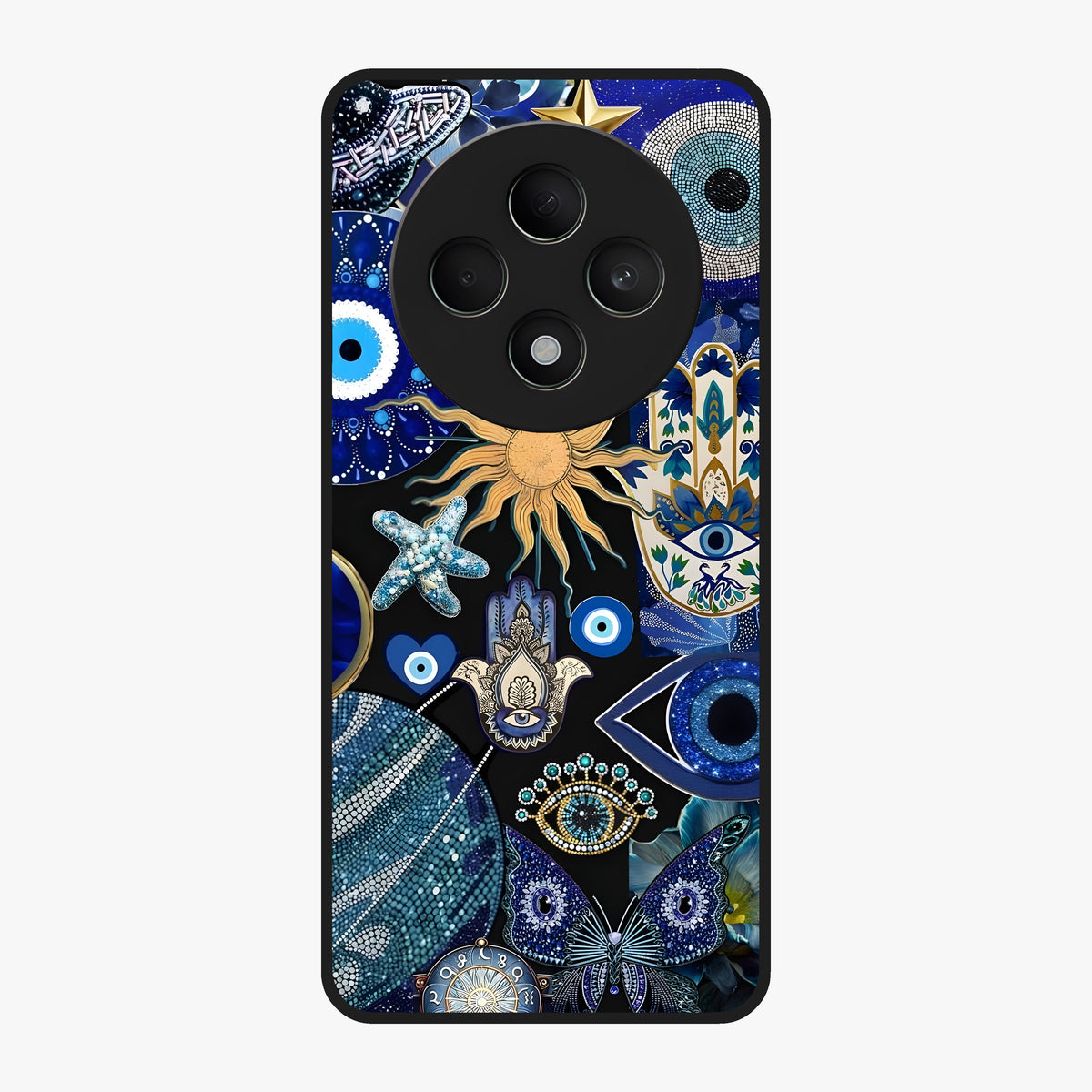 Evil Eye Charm Mix Glass Case showing flat back view with multiple evil eye charms artwork and glossy glass finish.