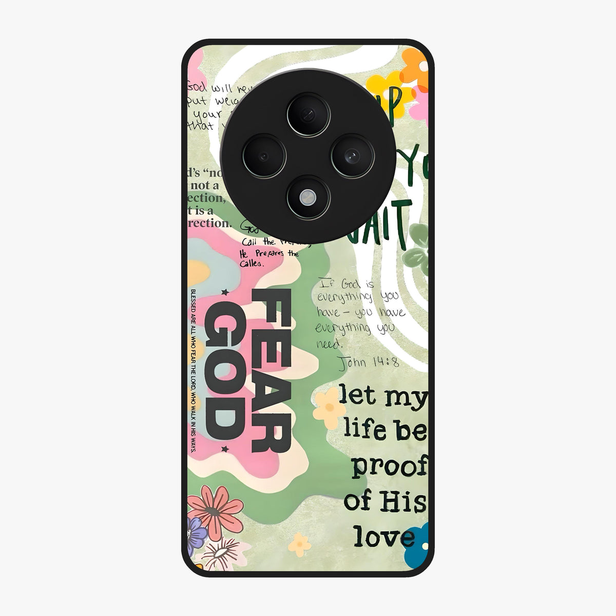 Faith Over Fear Glass Case showing flat back view with motivational typography artwork and glossy glass finish.