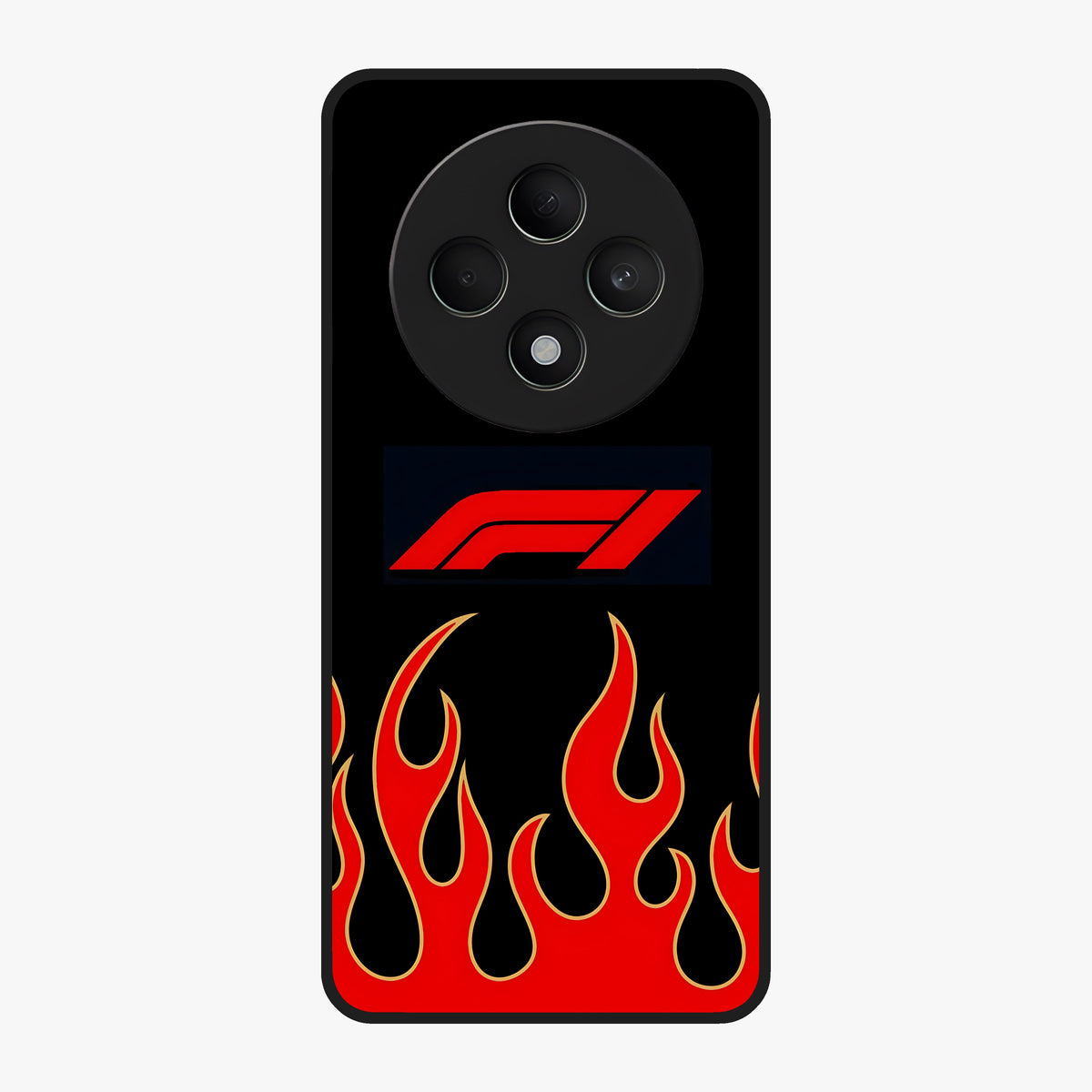 Fire F11 Glass Case showing flat back view with fiery themed artwork and glossy glass finish.
