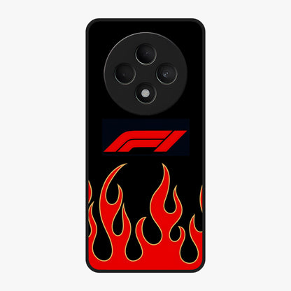 Fire F11 Glass Case showing flat back view with fiery themed artwork and glossy glass finish.