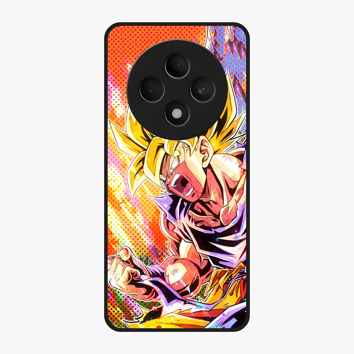 Firing Goku Glass Case showing flat back view with powerful anime inspired artwork and glossy glass finish.