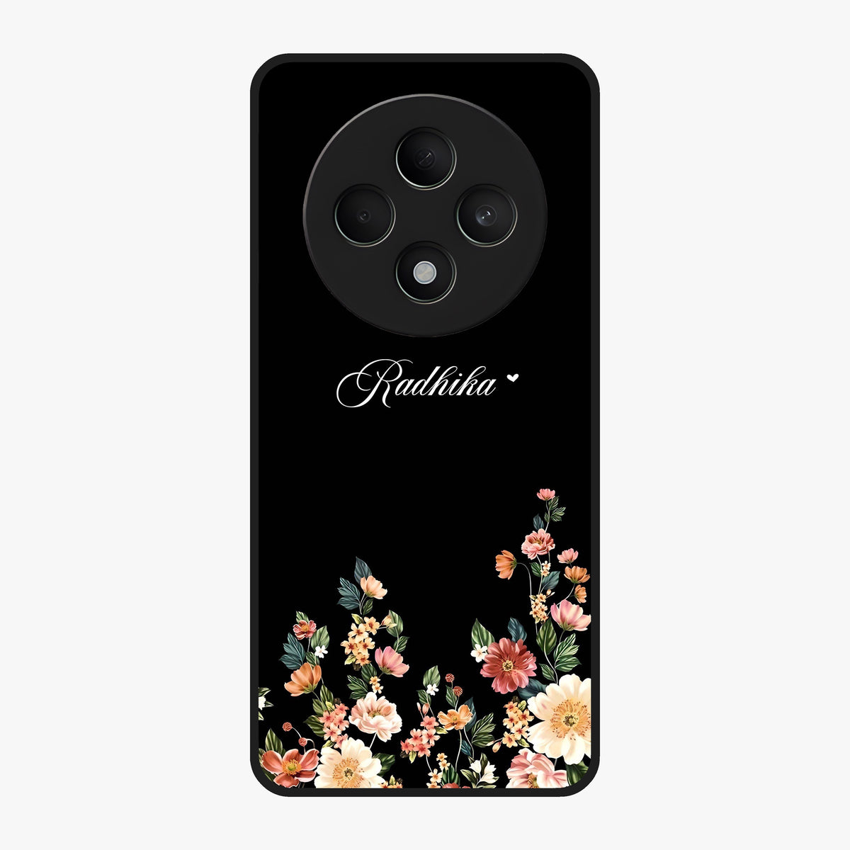 Floral Design With a Custom Personalized Name Glass Case showing flat back view with floral artwork and personalized name design.