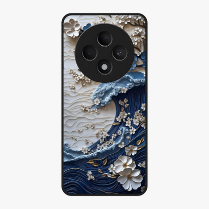Floral Wave Origami Glass Case showing flat back view with origami inspired floral wave artwork and glossy glass finish.