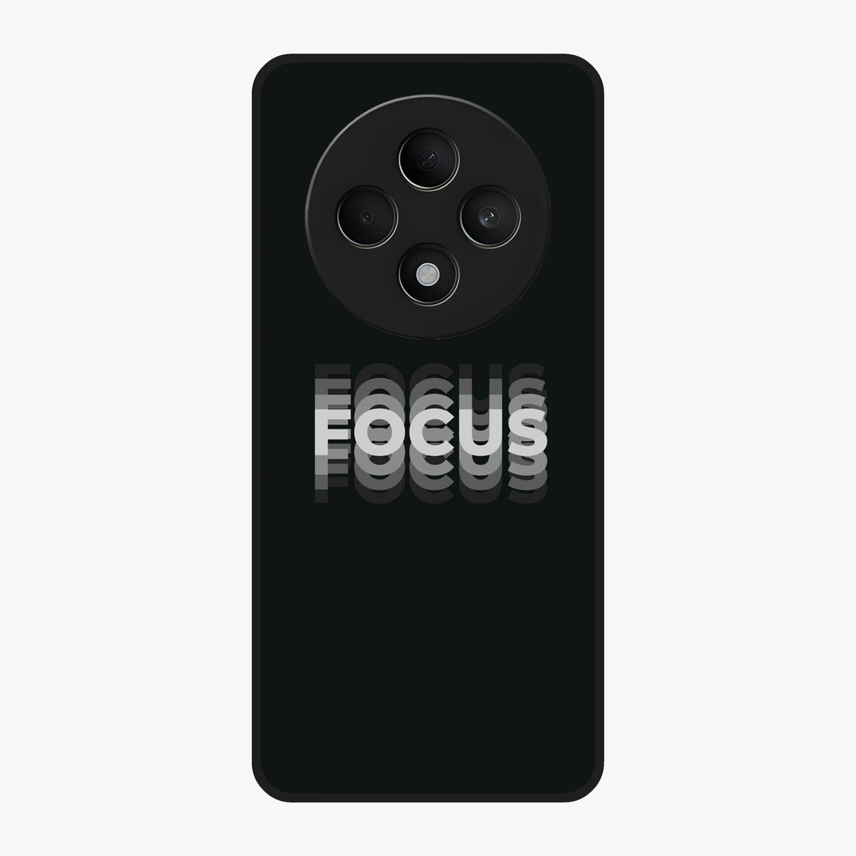 Focus Mode On Glass Case showing flat back view with bold motivational typography design and glossy glass finish.