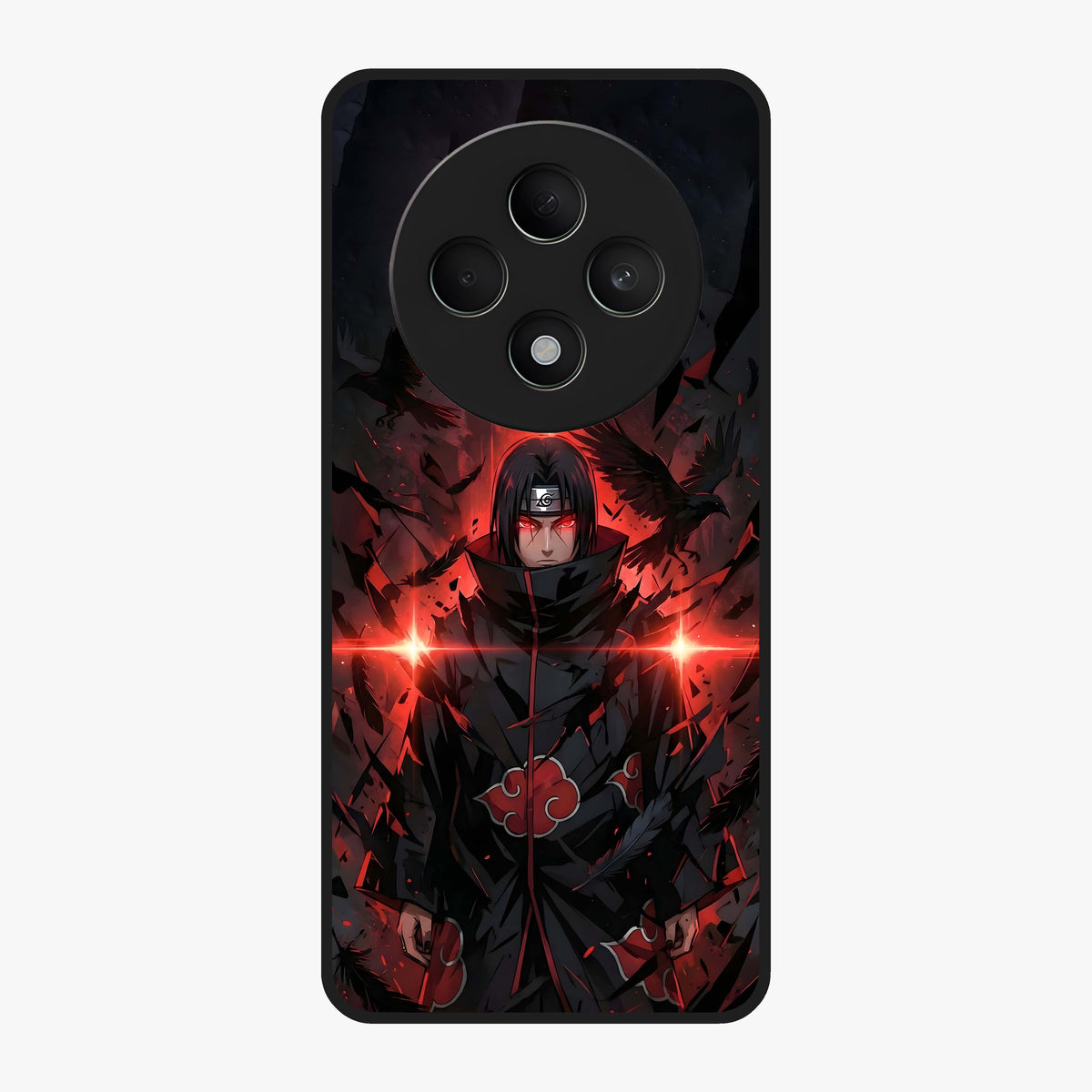 Focused Blade Discipline Glass Case showing flat back view with warrior sword themed artwork and glossy glass finish.